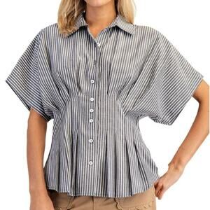 Women's Navy/White Striped Collared Button-Up Blouse 100% Cotton Size M